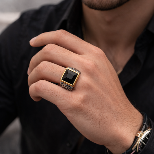 Black Stone Gold Edge Signet Ring