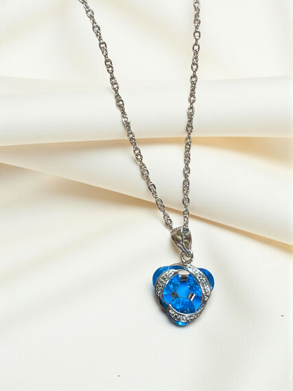 Blue Crystal Swirl Pendant Necklace – Silver Finish
