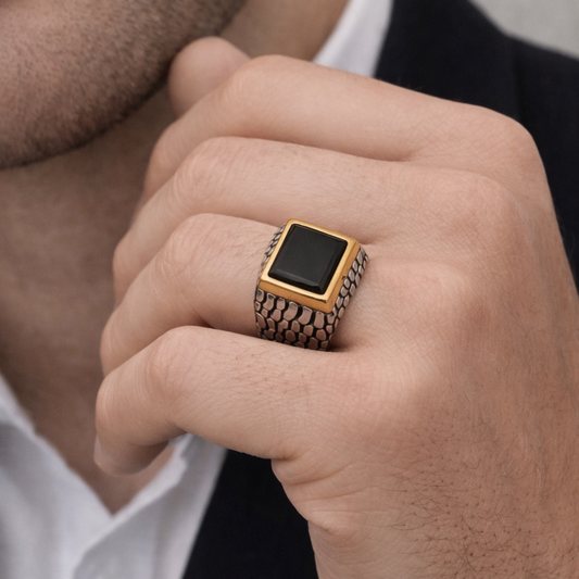 Black Stone Gold Edge Signet Ring